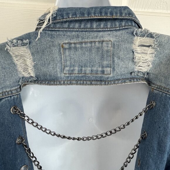 Between Us Womens L Destroyed Denim Trucker Jacket Chain Back Detail Grunge Punk - Picture 9 of 14